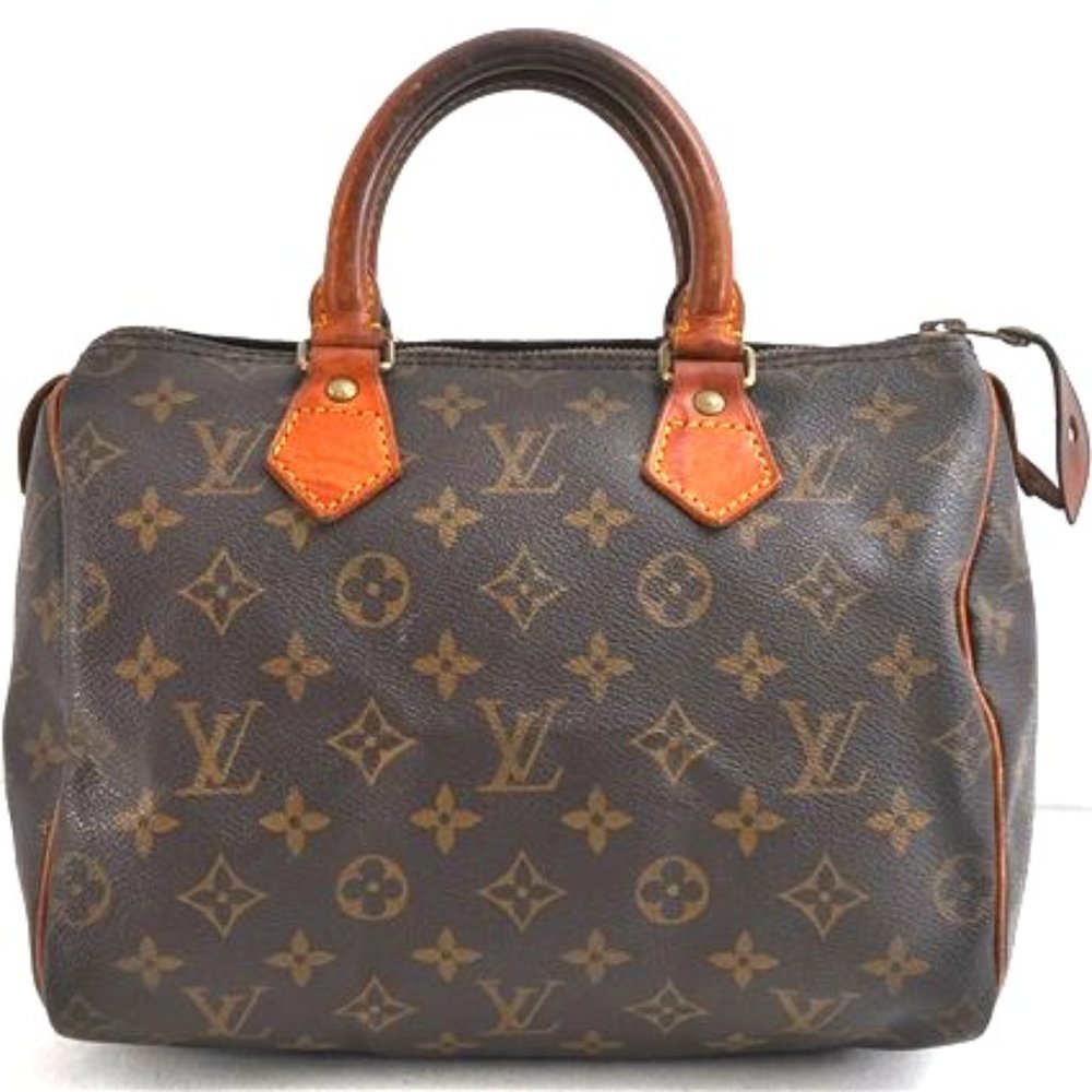 Vintage Louis Vuitton Speedy 25 Monogram Logo Satchel Boston Bag Brown Tan Gold
